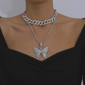 2Pcs Rhinestone choker butterfly pendant Necklace
